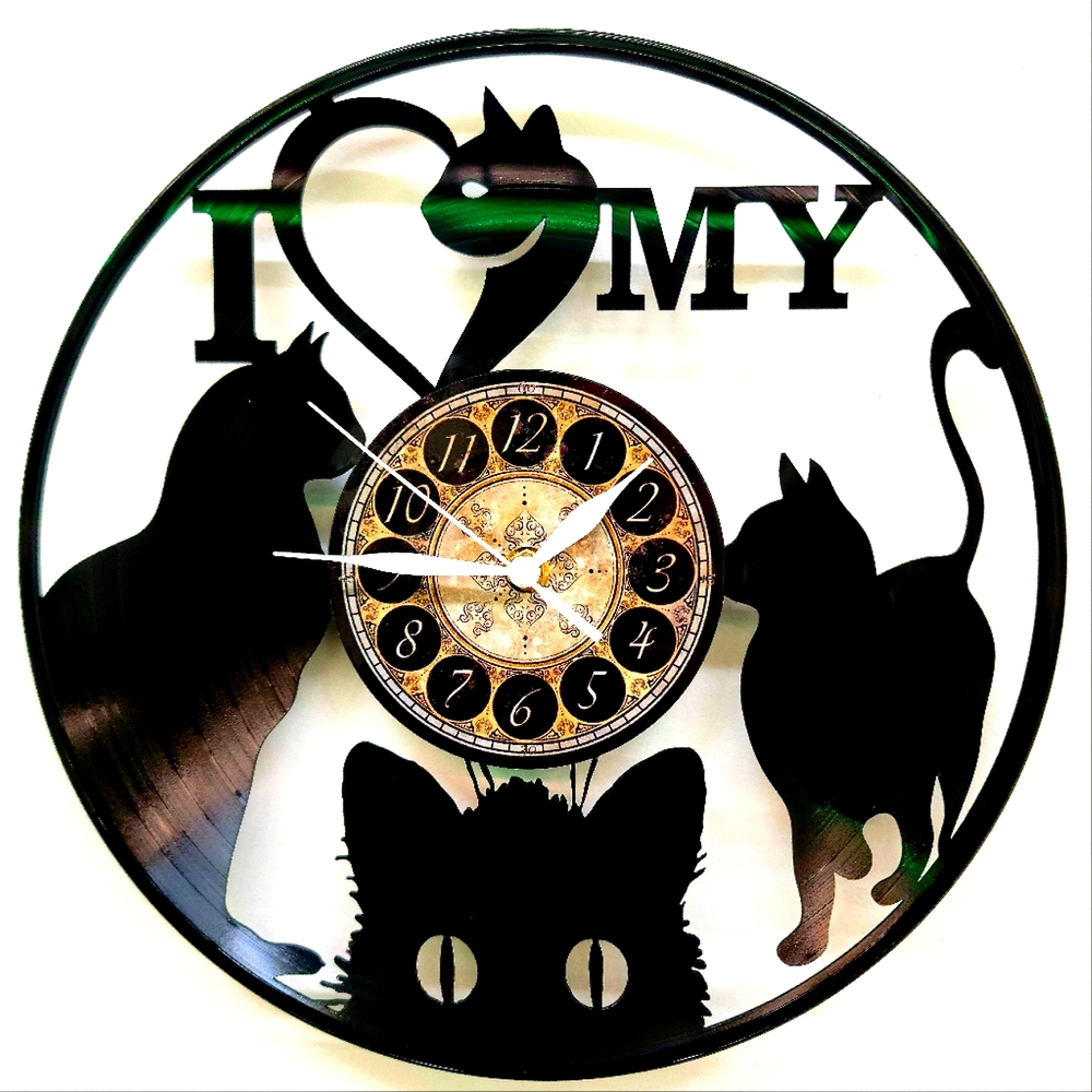 I HEART MY CAT cats vinyl record clock